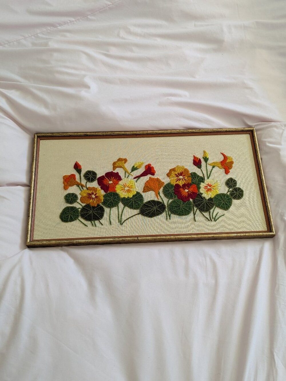 Vintage Framed Floral Nasturtium Embroidery 13x21